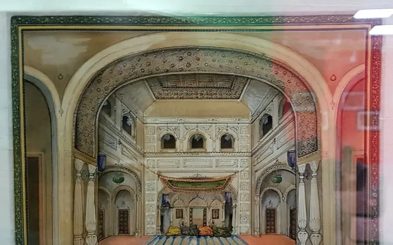 Painting of the interior of a Sikh temple (gurdwara), Punjab, ca.1875