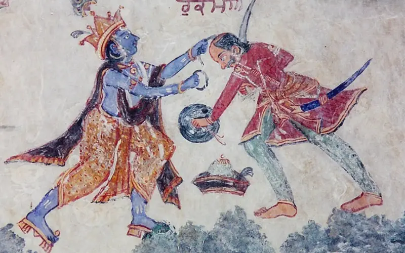 Punjabi fresco from Ferozepur district depicting the duel between Krishna & Rukmi, with Kr